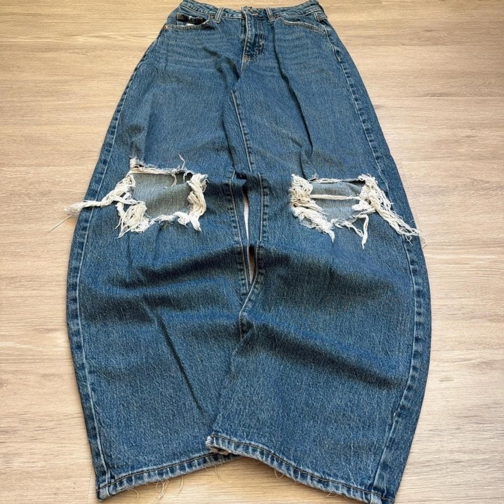 2000s Y2K Baggy Blue Wide Leg Ripped Dark Wash Denim Jeans